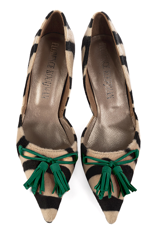 Safari black and emerald green women's open arch dress pumps. Pointed toe. Very high slim heel. Top view - Florence KOOIJMAN
